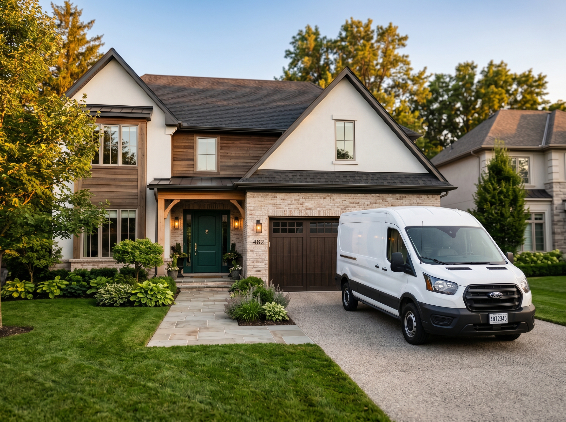 Residential home with a service van parked in the driveway.